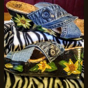 OOAK HAND PAINTED DENIM DISTRESS WEDGE SANDALS